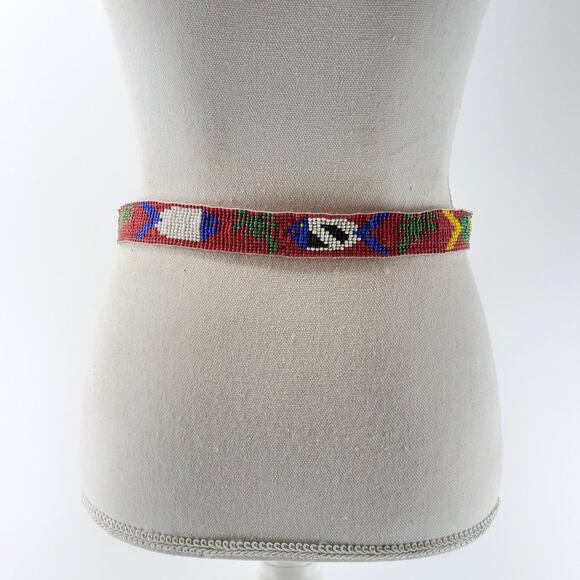 CDE Women's Beaded Fish Multicolored Belt Leather Boho Red White Blue size 28 - Picture 7 of 13